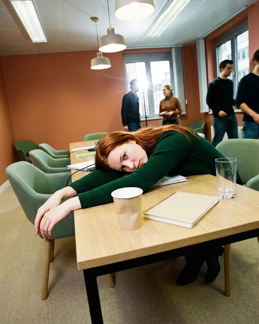 Une jeune femme, la tête posée sur ses bras, sur une table de réunion.
