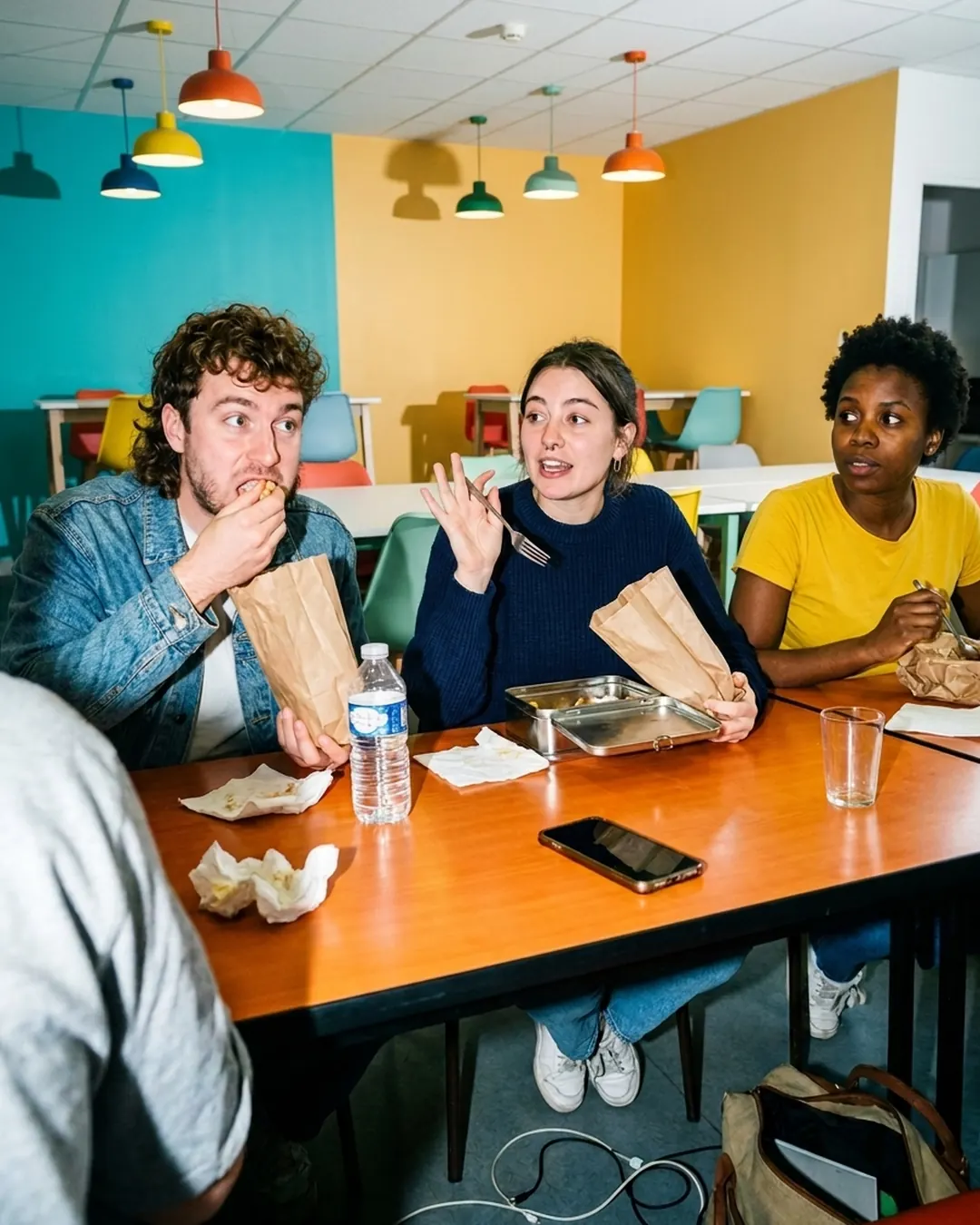 Quatre collègues qui discutent autour d'un déjeuner dans une cantine colorée.